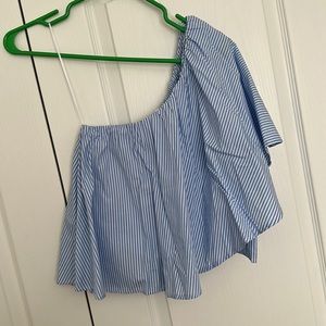 Large Vestique One Shoulder Blue Seersucker Crop Top
